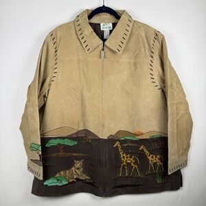 Quacker Factory Brown Zip Suede Leather Womens 2X Jacket Safari Tiger Giraffes
